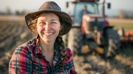 Young woman farmer smiling confidently, standing in front of her tractor in the field.