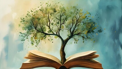 Wall Mural - Abstract representation of knowledge growth through trees and books, blending nature with creativity, learning, and imagination in an artistic illustration