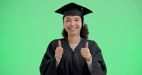 Poster - Face, green screen and woman with thumbs up, student and agreement on studio background. Portrait, person and model with hand gesture, like sign and icon for positive mindset, feedback and graduation