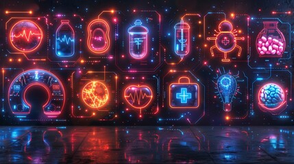 Poster - Devise a neon set of medical technology symbols, including illuminated