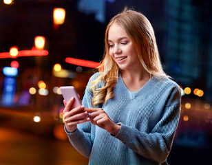 Wall Mural - Young cheerful blonde girl using a mobile phone at night street