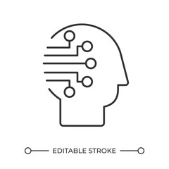 Poster - Artificial intelligence linear icon. Machine learning. Human head and circuit lines. Futuristic concept. Thin line illustration. Contour symbol. Vector outline drawing. Editable stroke