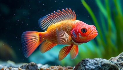 Stunning close-up of a vibrant freshwater fish showcasing unique colors and intricate fins in a natural aquatic environment