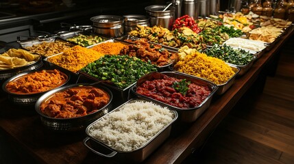 A table full of delicious Indian food, including rice, curry, and vegetables.