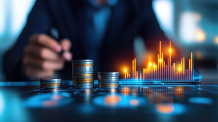 businessman analyzing financial data and coins on table.