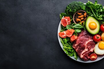 A vibrant assortment of fresh ingredients including greens, vegetables, nuts, and eggs arranged artfully on a plate against a dark background.