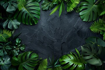 Wall Mural - Dark Green Tropical Leaves Mockup on Black Background, Leave Frame with Copy Space Top View