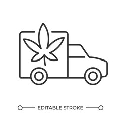 Poster - Cannabis products delivery linear icon. CBD products distribution. Delivery truck with marijuana leaf. Transportation. Thin line illustration. Contour symbol. Vector outline drawing. Editable stroke