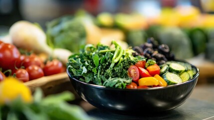 A vibrant bowl of fresh salad featuring a variety of vegetables like tomatoes, cucumbers, and greens, beautifully arranged to enhance the color and nutritional appeal.