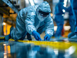© Ram - Forensic investigator in protective gear examining evidence at crime scene, evidence collection, forensic analysis, crime investigation, forensic research, scientific examination, crime lab work