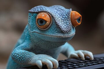 Red lizard is sitting on a keyboard. The lizard is looking at the camera. The keyboard is black and white