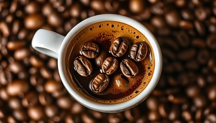 Cozy closeup of freshly brewed coffee amid scattered coffee beans, creating an aromatic and inviting atmosphere