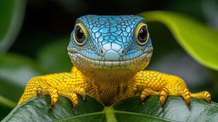 Lizard with yellow and blue skin is looking at the camera. It has yellow feet and a yellow head. close-up portrait shoot in green jungle of an expressive lizard