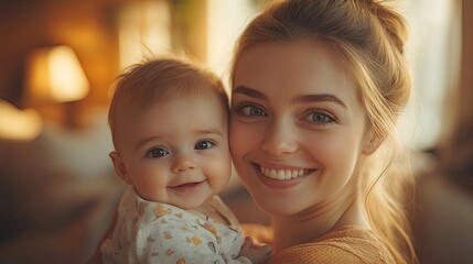 Wall Mural - mother holding baby boy in hands playing with him low angle shot