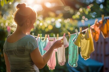 Woman hanging baby clothes with clothespins on washing line for drying in backyard, pregnant mother