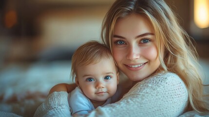 Wall Mural - mother playing with small baby holding him on her knees unconditional paternal love mother day concept