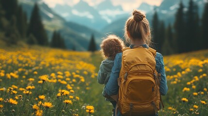 Canvas Print - mother with small toddler daughter hiking outdoors in summer nature resting