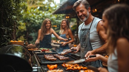 Wall Mural - multi generation family grilling outside on patio in summer during garden party