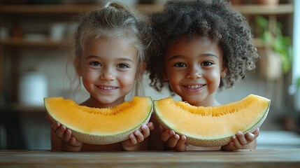 Poster - multiracial kids eating melon in kitchen during hot sunny days