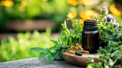 An amber glass bottle with golden capsules surrounded by fresh herbs on a wooden table, showcasing the natural ingredients for health and wellness.