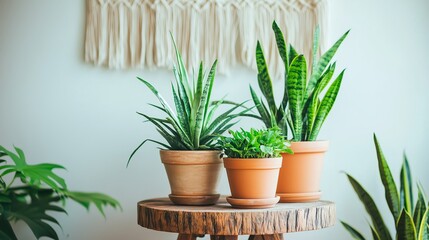 Poster - Indoor greenery arrangement featuring three potted plants on a wooden table against a macrame wall hanging