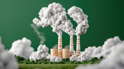 A conceptual image of industrial pollution with smoke emitting from factory chimneys against a green background.