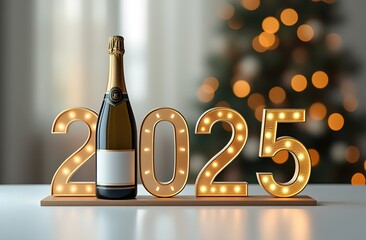 There is champagne on the table, treats, gold numbers 2025. In the background there is a decorated Christmas tree with sparkling lights. The atmosphere of celebrating the New Year. Postcard