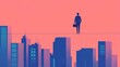 © Arush - A silhouette of a businessman balancing on a tightrope over a vibrant city skyline at sunset, symbolizing risk and opportunity.