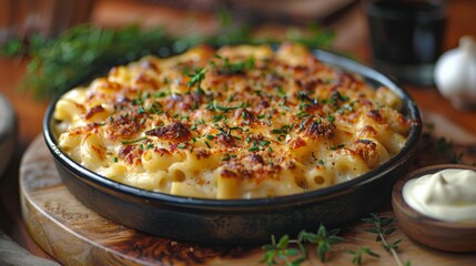 Wall Mural - Showcase the indulgent richness of a plate of creamy macaroni and cheese, featuring gooey cheese sauce and crunchy breadcrumbs.