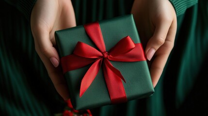 A close-up of hands green silk shirt a Christmas present with red ribbon and a festive gift tag