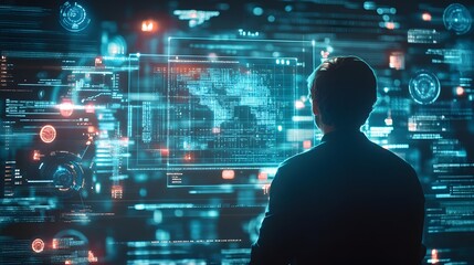 A Silhouetted Figure Working with Futuristic Data on a Screen
