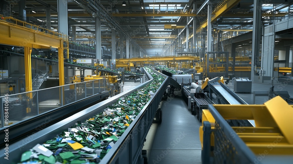 Industrial recycling facility with conveyor belts sorting electronic ...