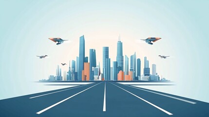 A futuristic cityscape with four flying drones over a highway leading to the city.