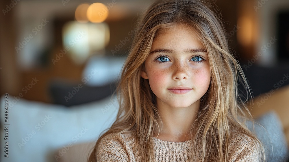 portrait of cute young girl girl with long hair sitting at home banner ...