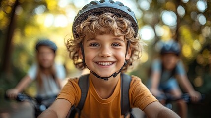 Poster - portrait of excited little boy with his family at backround riding bike on path in park in summer