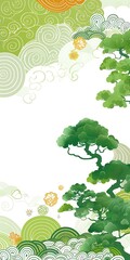 Green Abstract Background with Pine Trees and Swirling Patterns