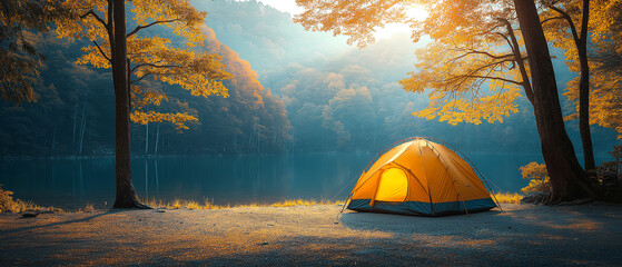 a camping tent set up in a scenic outdoor location with blank space for text