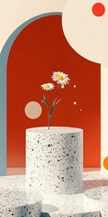 Canvas Print - Abstract Minimalist Composition with White Flowers on Terrazzo Podium