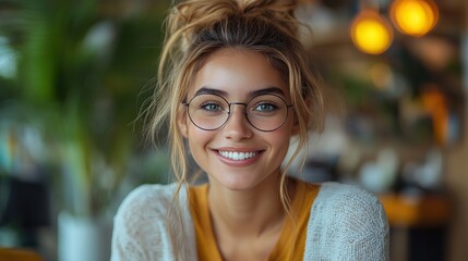 Wall Mural - portrait of funny woman with pencil in mouth having fun at work