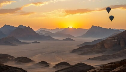 Wall Mural - Balloon-filled sky over Al Ula mountains at golden sunset, enchanting desert landscape and stunning touristic destination in Saudi Arabia