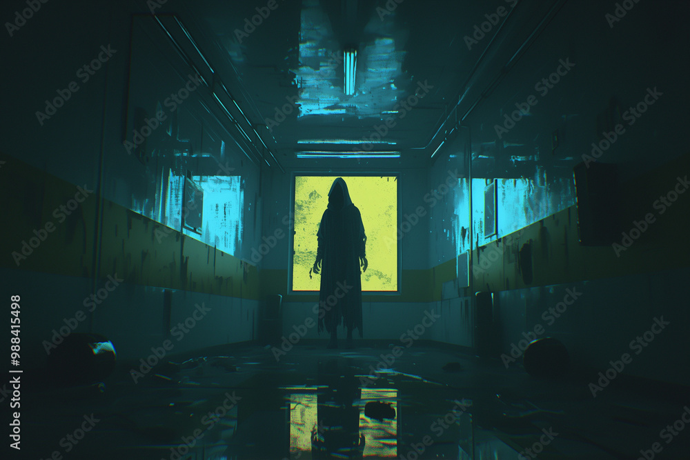 lone figure cloaked in darkness stands before a glowing window at the ...
