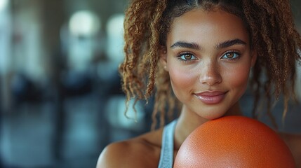 Canvas Print - portrait of overweight woman exercising in gym holding medicine ball