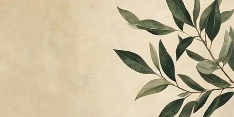 Wall Mural - Green leaves on a beige background.