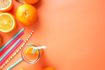 Wall Mural - Orange Juice With Straws on Orange Background