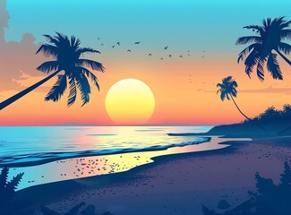 Tropical Sunset Beach With Palm Trees