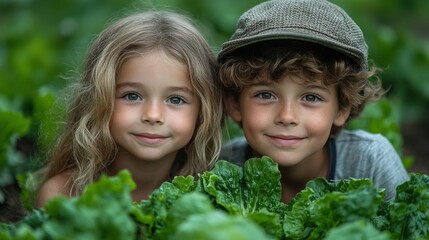 Canvas Print - portrait of two small children in vegetable garden sustainable lifestyle