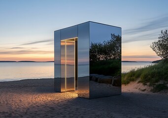 Modern Minimalist Glass Structure On Beach At Sunset