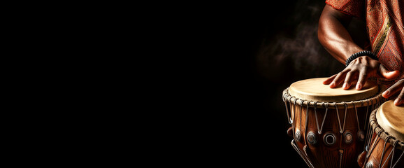 Extreme close-up of the expert hands of an African-American percussionist while playing wooden bongos against a black dark background with copy space. Percussion instrument concept. Generative Ai.