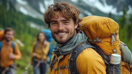 Poster - portrait of young man with friends at background on hiking or camping trip in the mountains in summer