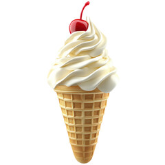 Stylized ice cream cone with a swirl of vanilla and a cherry on top. png, transparent background.